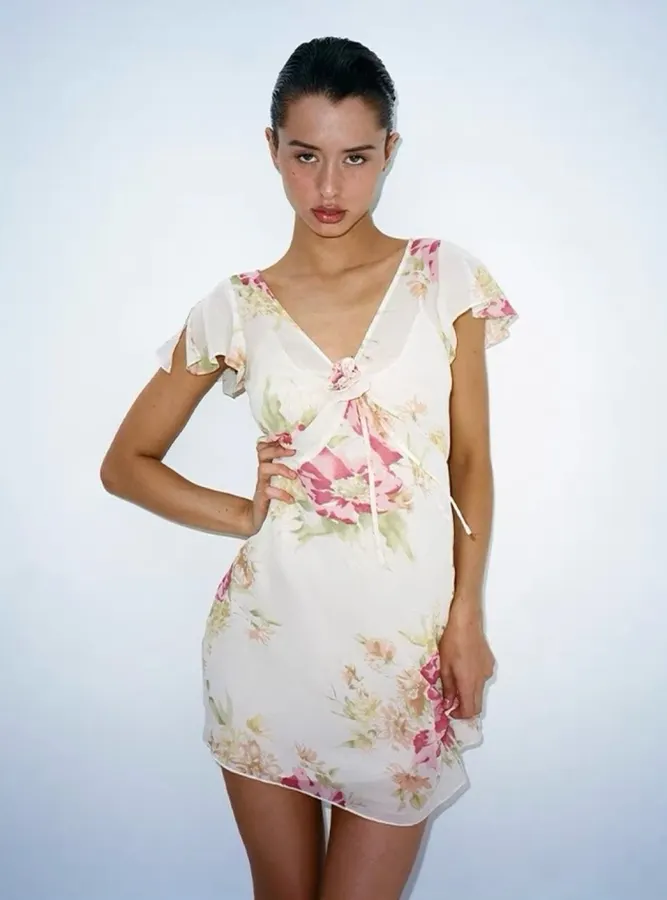 Silk Bias-Cut French Retro Tea-Length A-Line Dress 'The Mathilde' in Ivory Floral, product view 04