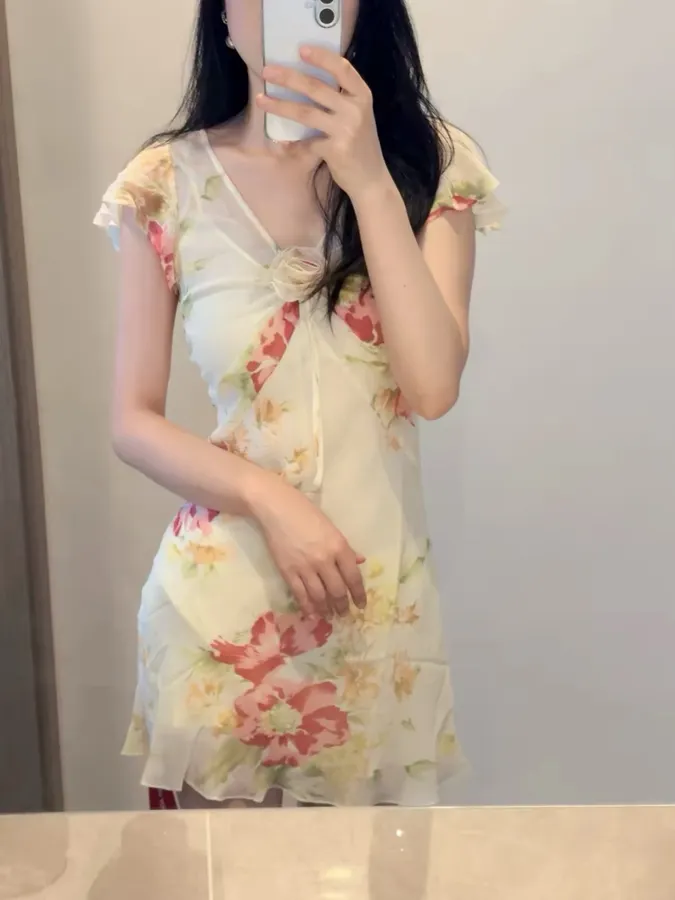 Silk Bias-Cut French Retro Tea-Length A-Line Dress 'The Mathilde' in Ivory Floral, product view 06