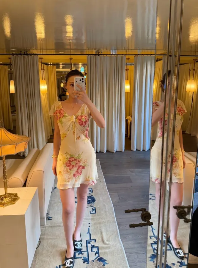 Silk Bias-Cut French Retro Tea-Length A-Line Dress 'The Mathilde' in Ivory Floral, product view 08
