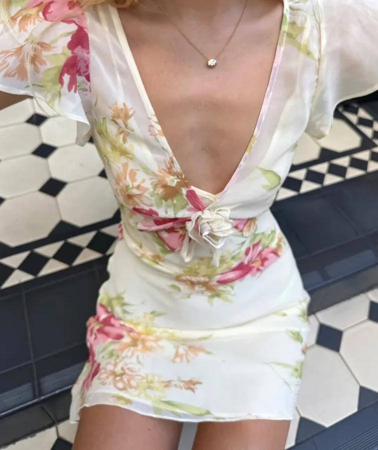 Silk Bias-Cut French Retro Tea-Length A-Line Dress 'The Mathilde' in Ivory Floral, product view 16