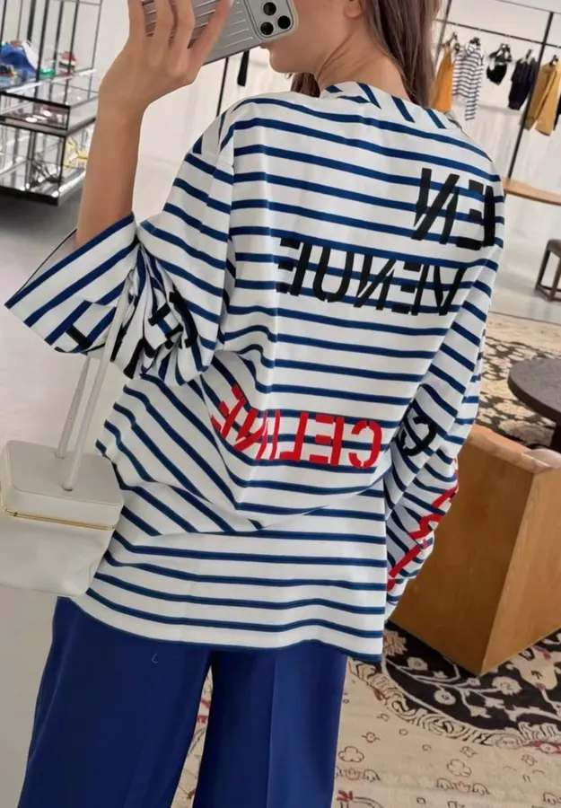 Blue and White Striped Graphic Long-Sleeve T-Shirt in Blue and White, product view 01