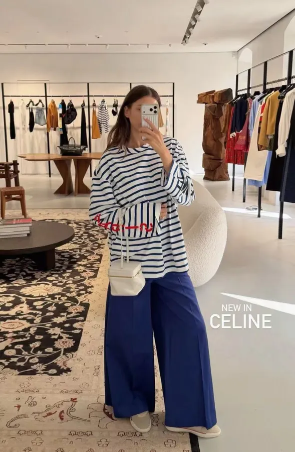 Blue and White Striped Graphic Long-Sleeve T-Shirt in Blue and White, product view 02
