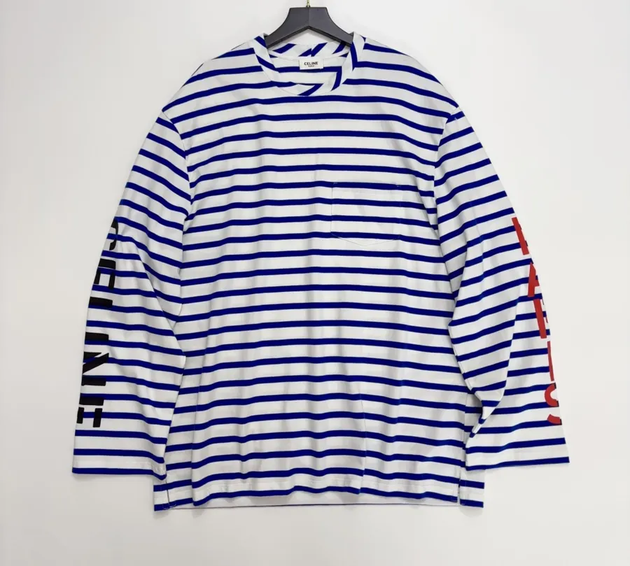 Blue and White Striped Graphic Long-Sleeve T-Shirt in Blue and White, product view 03