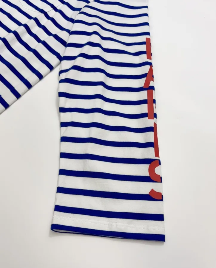Blue and White Striped Graphic Long-Sleeve T-Shirt in Blue and White, product view 07