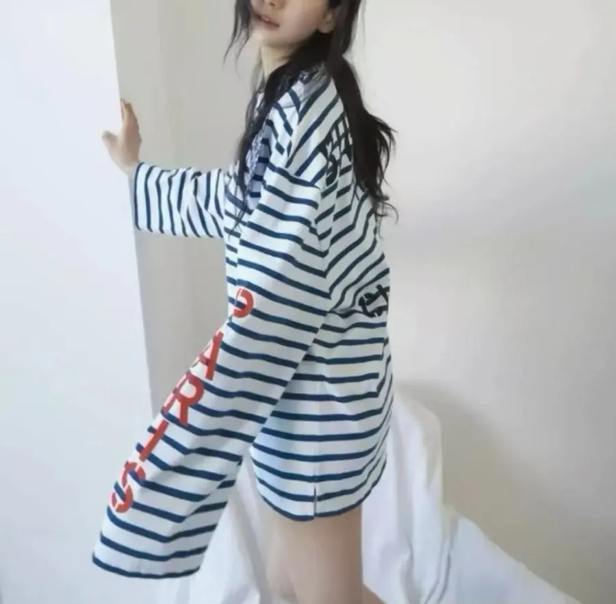 Blue and White Striped Graphic Long-Sleeve T-Shirt in Blue and White, product view 20