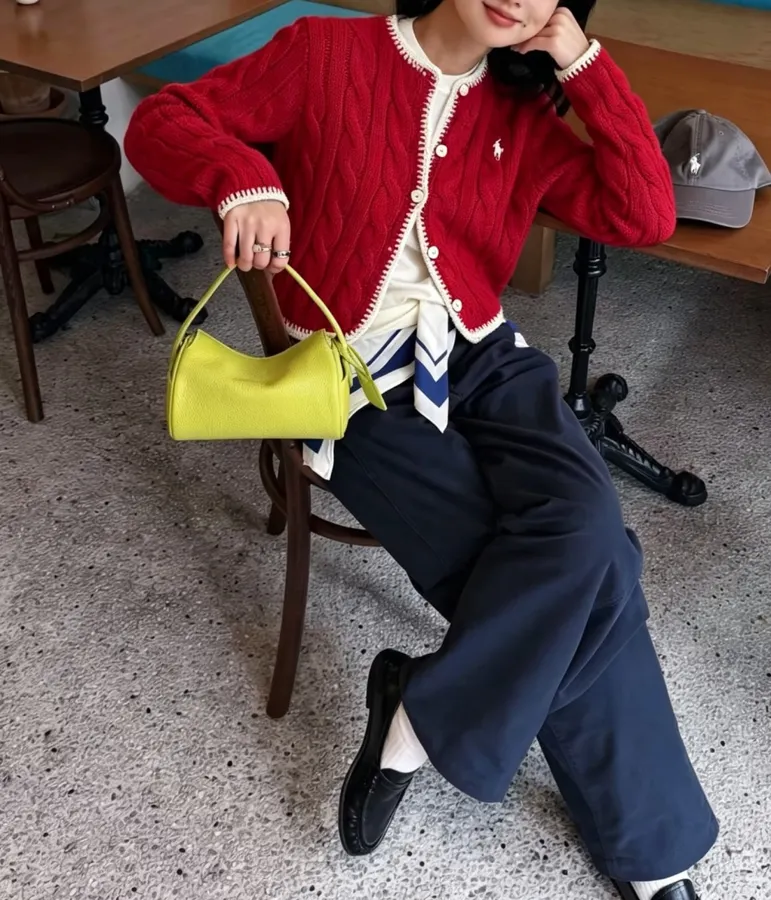 Red Cable-Knit Cropped Cardigan in Red, product view 01