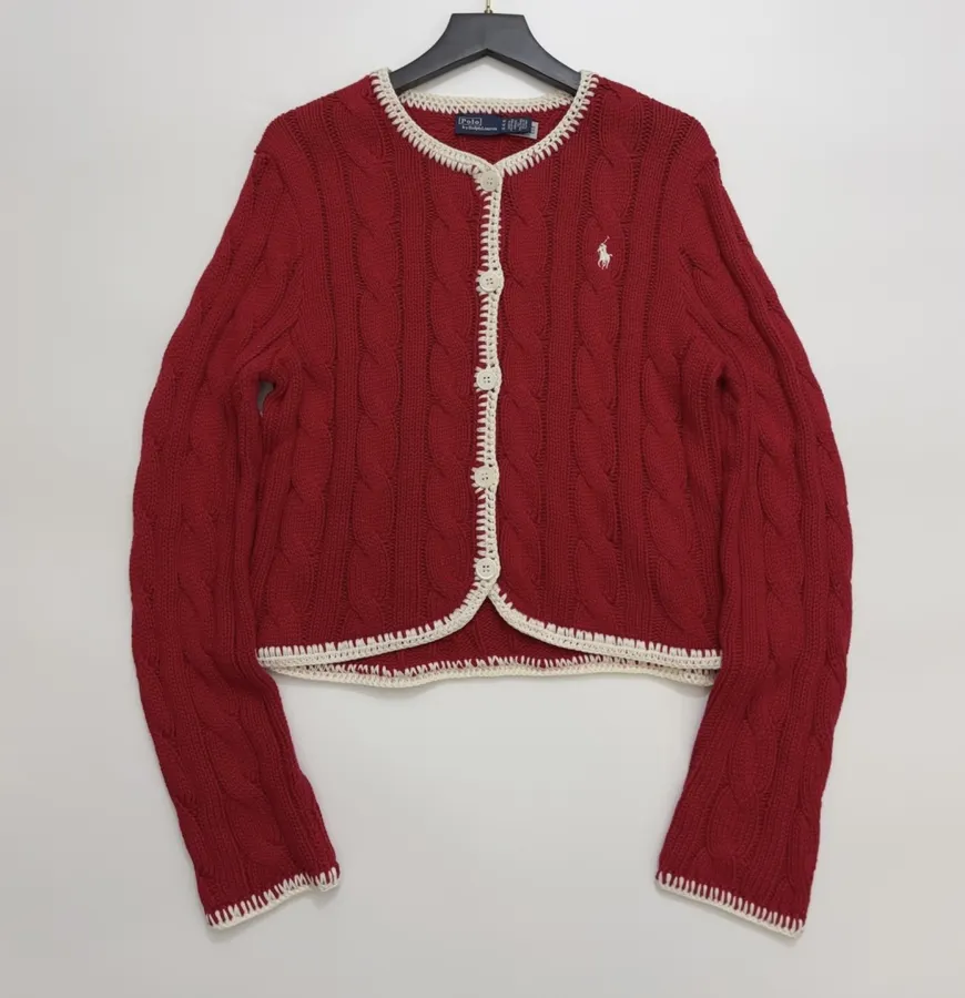Red Cable-Knit Cropped Cardigan in Red, product view 02