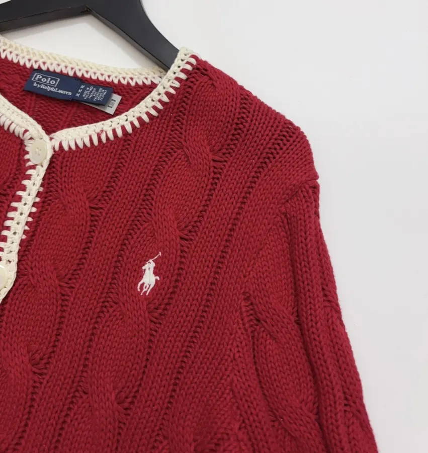 Red Cable-Knit Cropped Cardigan in Red, product view 03