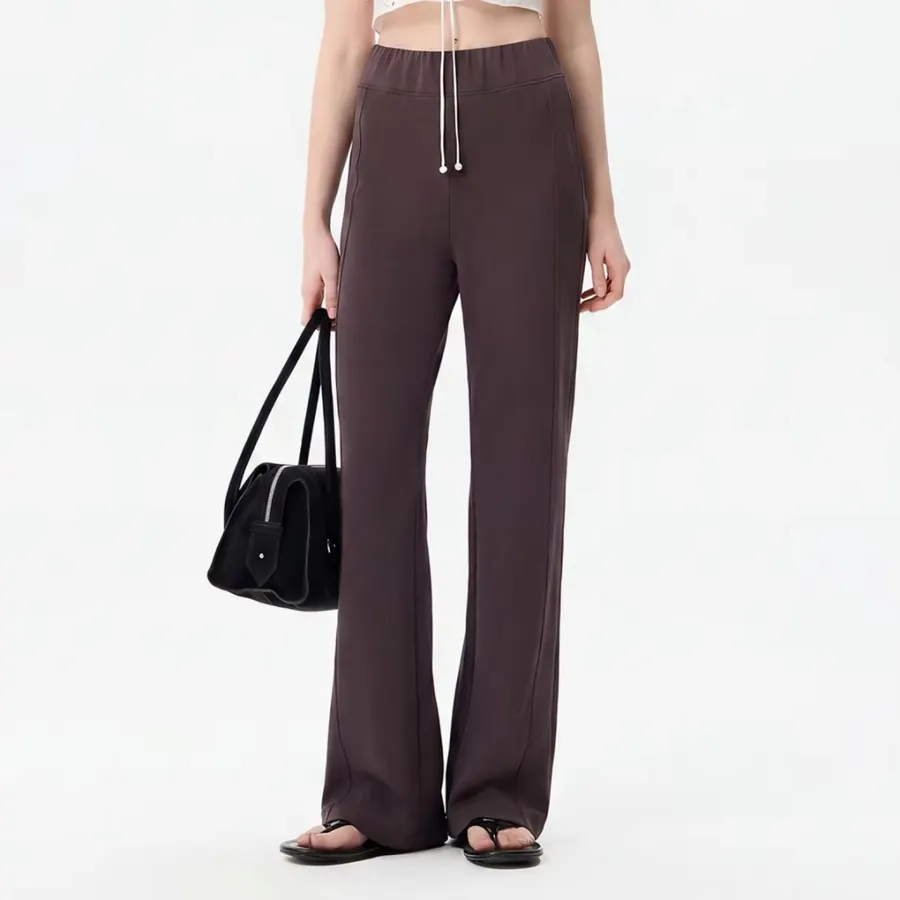Slim-Fit Solid Color Draping Straight-Leg Casual Trousers in Dark Brown, product view