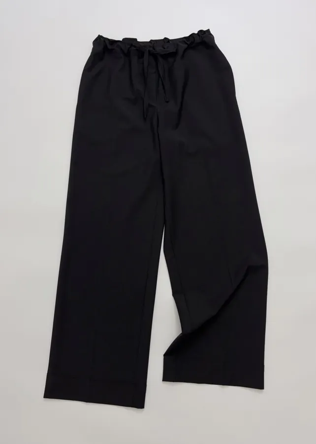 Wool-Blend Wide-Leg Magic Pants with Drawstring Design Casual Trousers in Black, product view