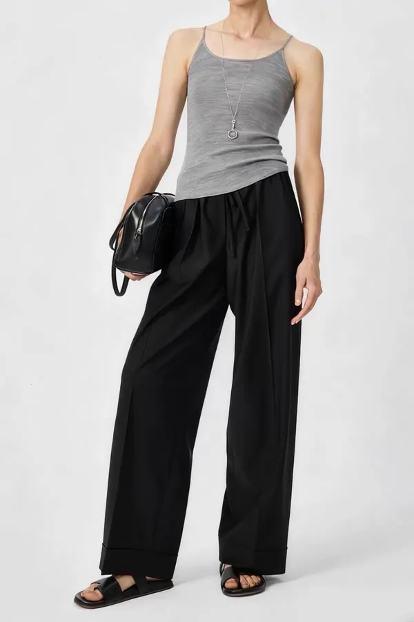 Wool-Blend Wide-Leg Magic Pants with Drawstring Design Casual Trousers in Black, product view 02