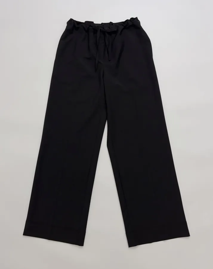 Wool-Blend Wide-Leg Magic Pants with Drawstring Design Casual Trousers in Black, product view 03