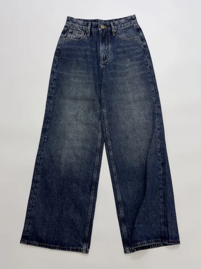 Retro Blue Straight-Leg Jeans Autumn Casual Long Trousers in Blue, product view 02