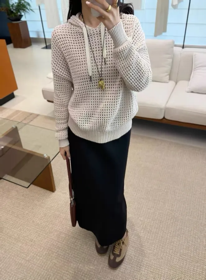 Hollow-Out Knitted Hoodie in Off-White, product view 01