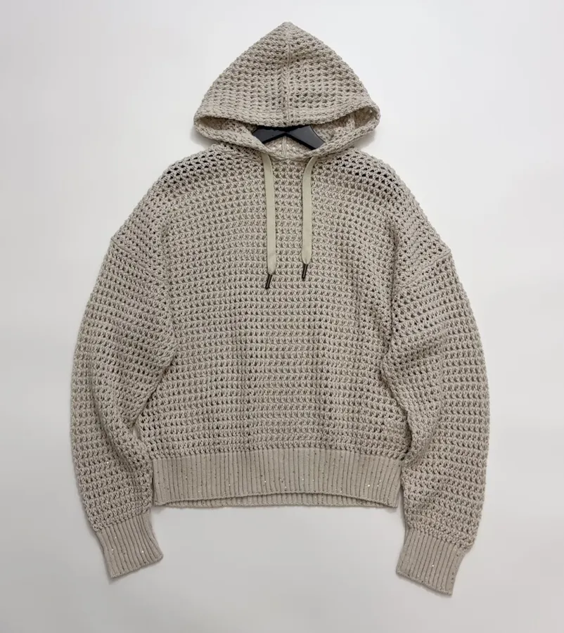 Hollow-Out Knitted Hoodie in Off-White, product view 02