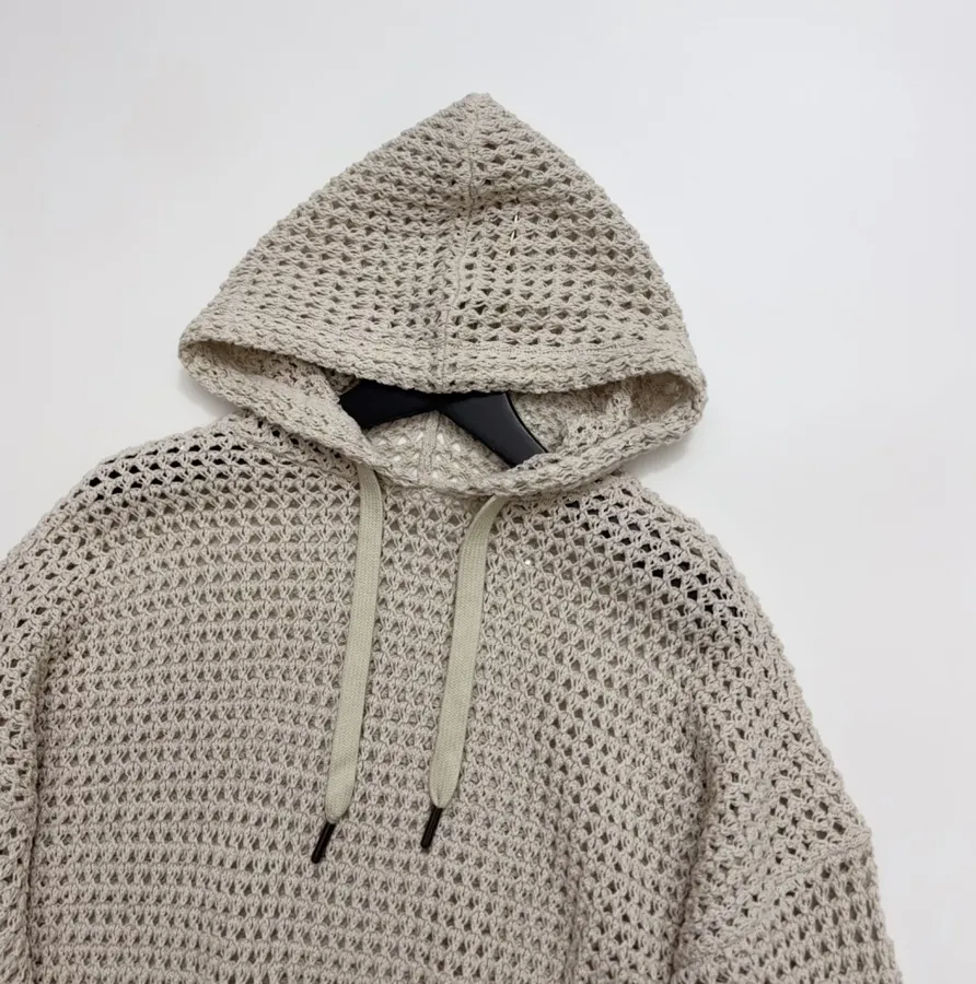 Hollow-Out Knitted Hoodie in Off-White, product view 03