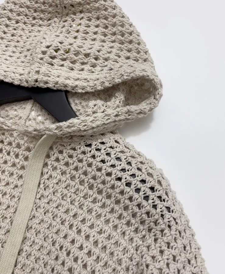 Hollow-Out Knitted Hoodie in Off-White, product view 04