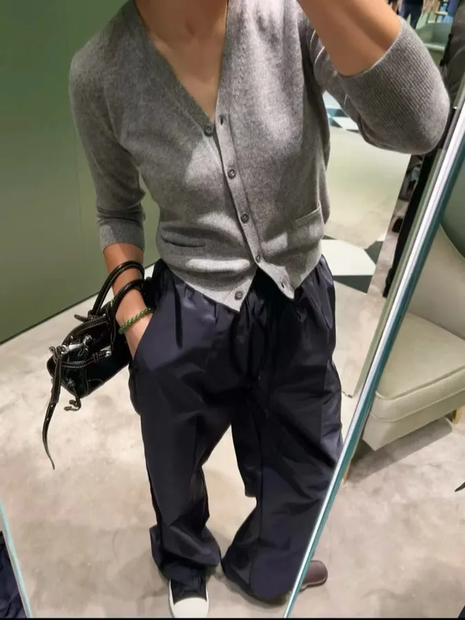 Gray Deep V-Neck Knitted Cardigan Sweater in Gray, product view 01