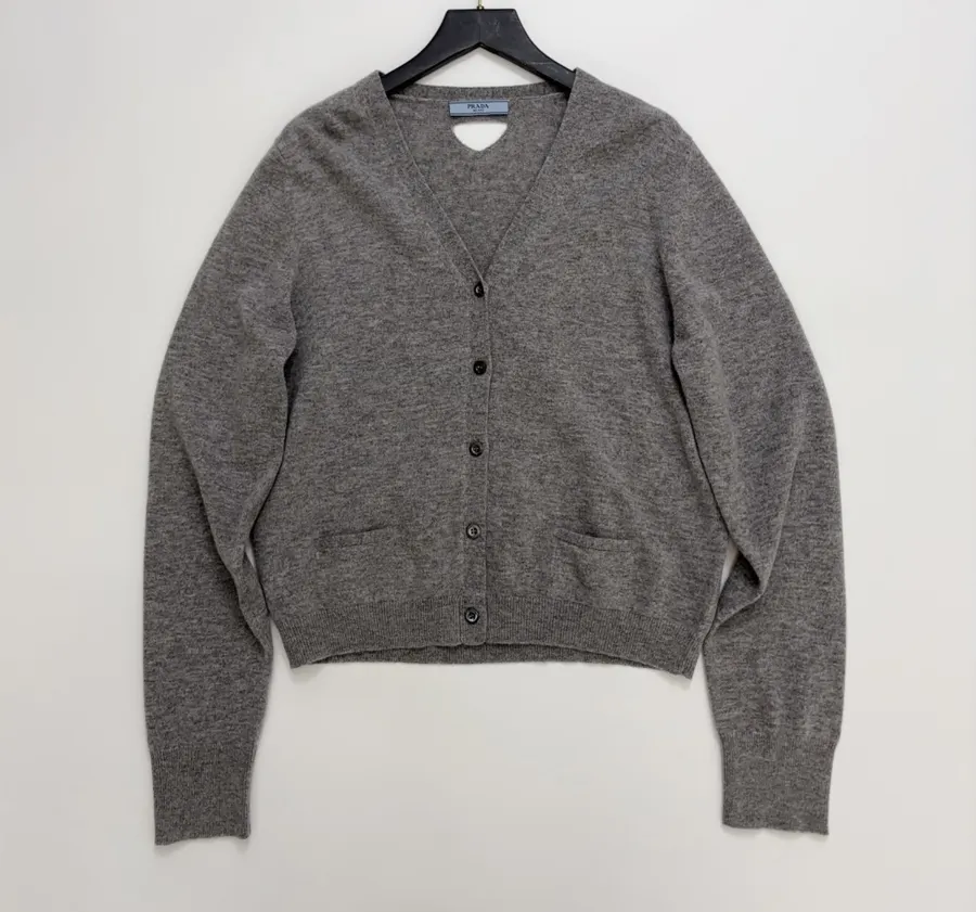 Gray Deep V-Neck Knitted Cardigan Sweater in Gray, product view 02