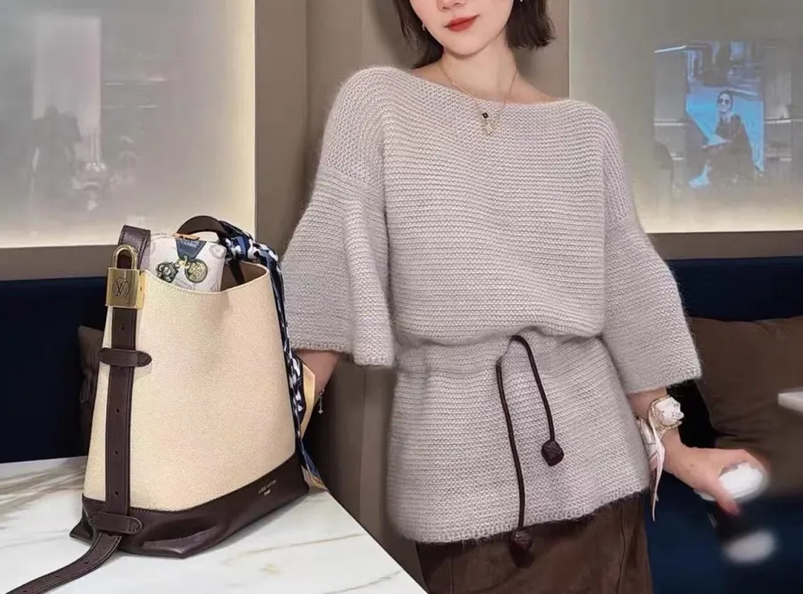 Light Grey Boat-Neck Tie-Waist Knit Top in Light Gray, product view 01
