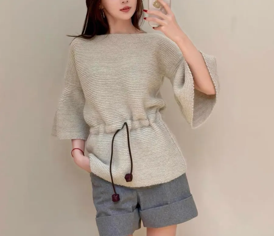 Light Grey Boat-Neck Tie-Waist Knit Top in Light Gray, product view 03