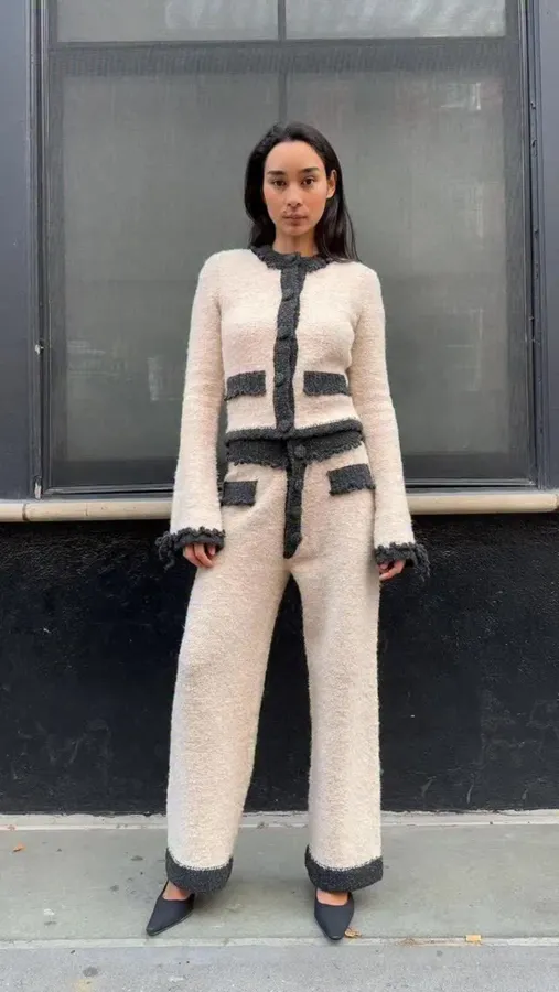 Ivory and Charcoal Colour-Block Casual Trousers in Ivory, product view 02