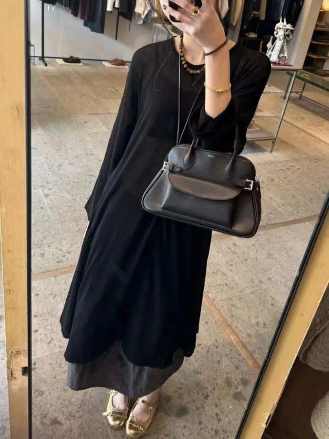 Pleated Wool Dress in Black, product view 01