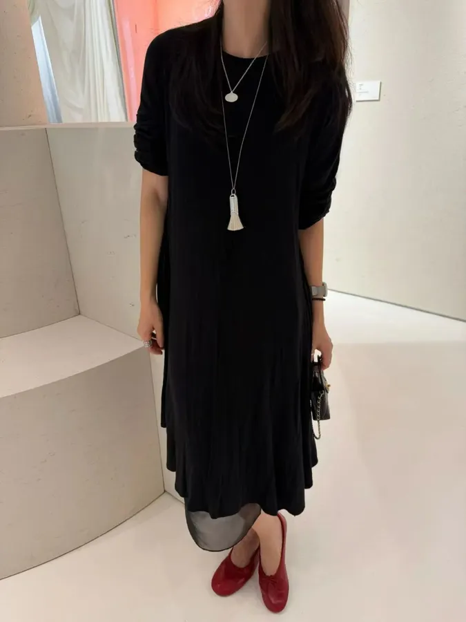 Pleated Wool Dress in Black, product view 02