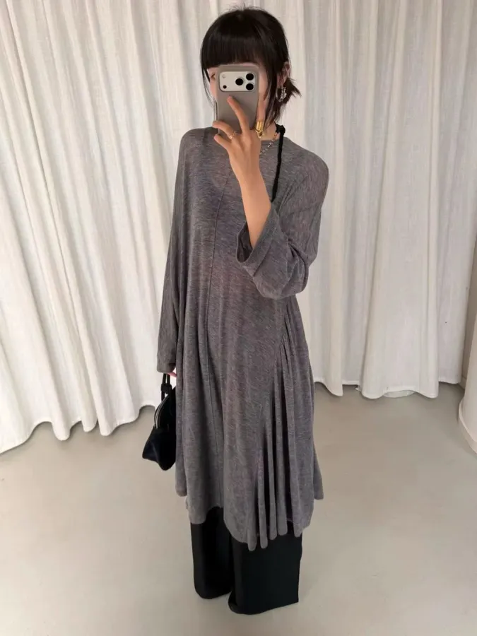 Pleated Wool Dress in Black, product view 19