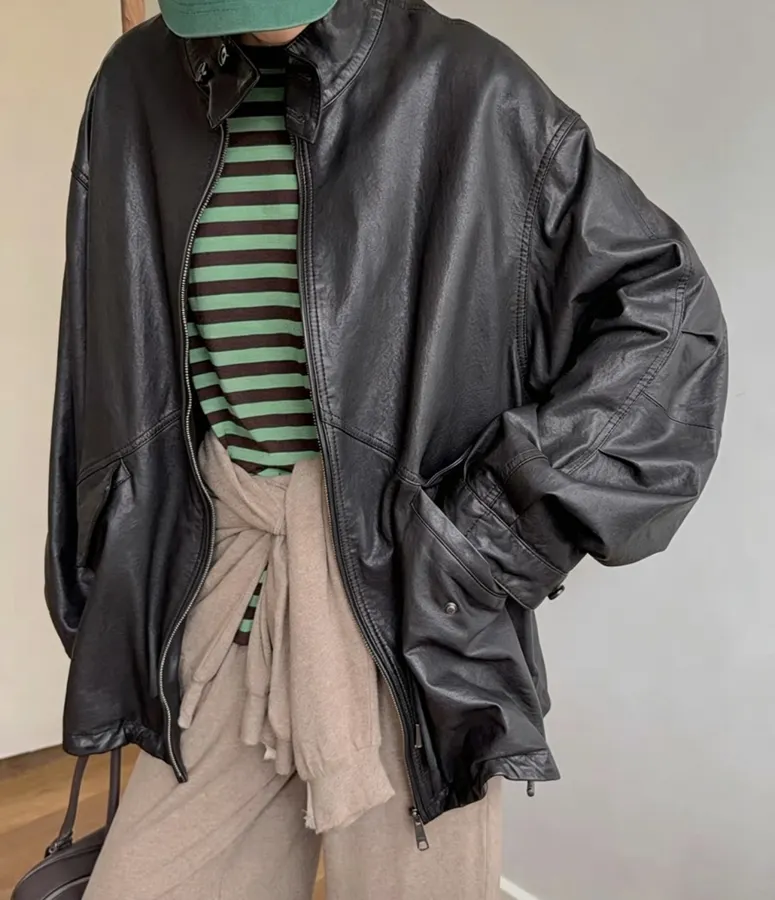 Lambskin-Panel Raglan Stand-Collar Jacket in Black, product view 02