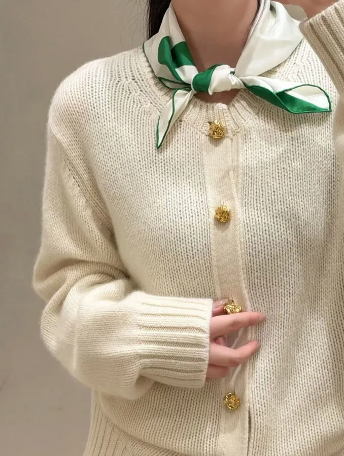 Round-Neck Metal-Button Minimalist Versatile Knitted Cardigan in Oatmeal, product view 01