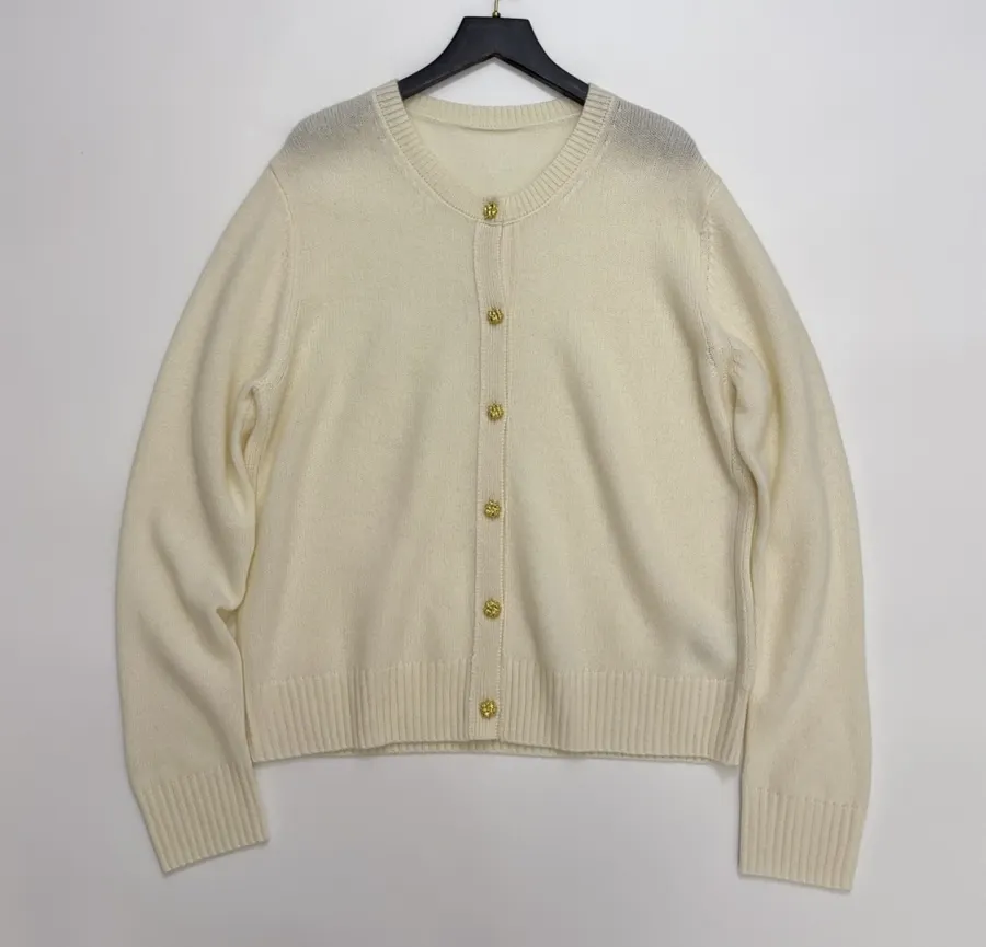 Round-Neck Metal-Button Minimalist Versatile Knitted Cardigan in Oatmeal, product view 02