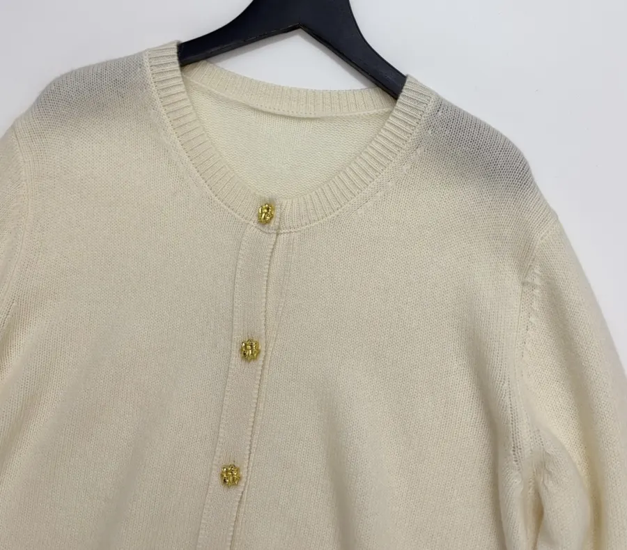 Round-Neck Metal-Button Minimalist Versatile Knitted Cardigan in Oatmeal, product view 03