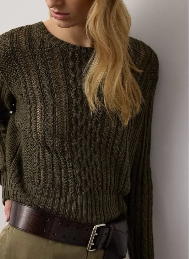 Loose-fit Cable-Knit Sweater Pullover in Olive Green, product view 03