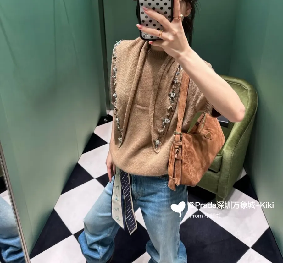 Brown Beaded Detachable-Shawl Short-Sleeve Knit Top in Brown, product view 03