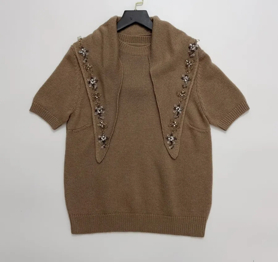 Brown Beaded Detachable-Shawl Short-Sleeve Knit Top in Brown, product view 06