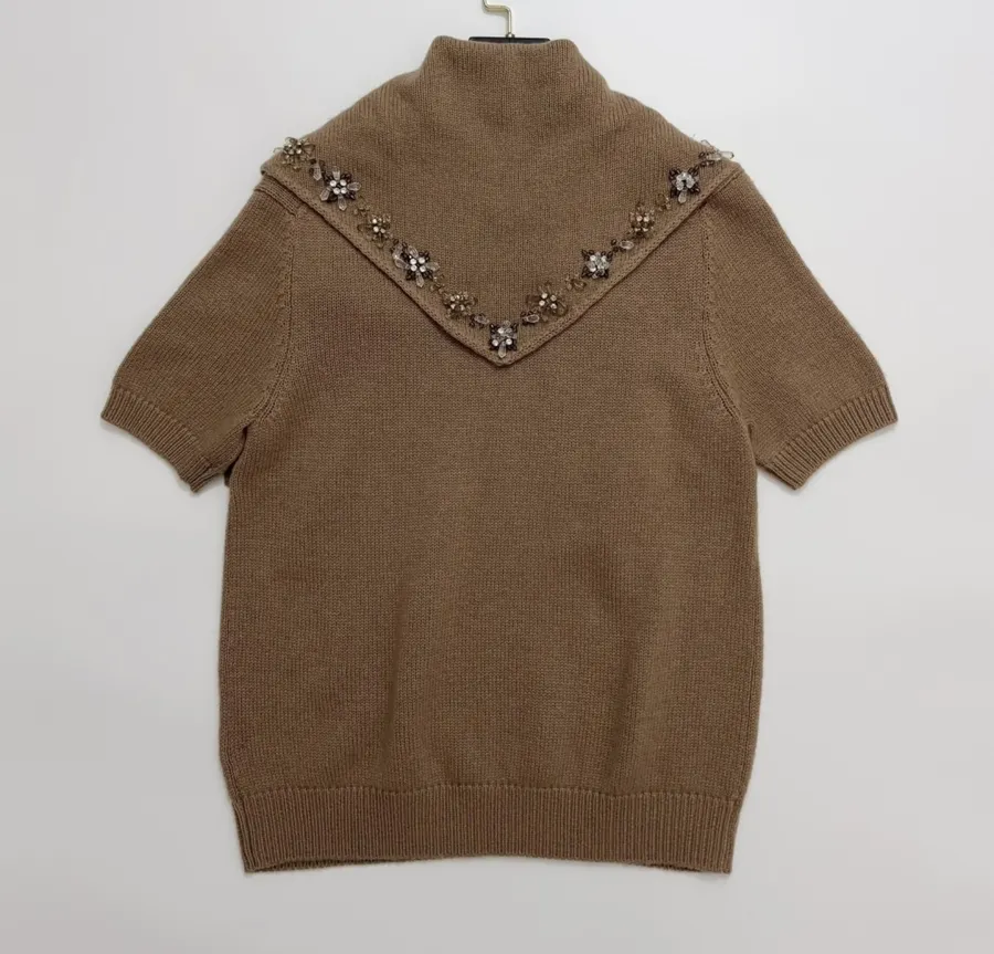 Brown Beaded Detachable-Shawl Short-Sleeve Knit Top in Brown, product view 07
