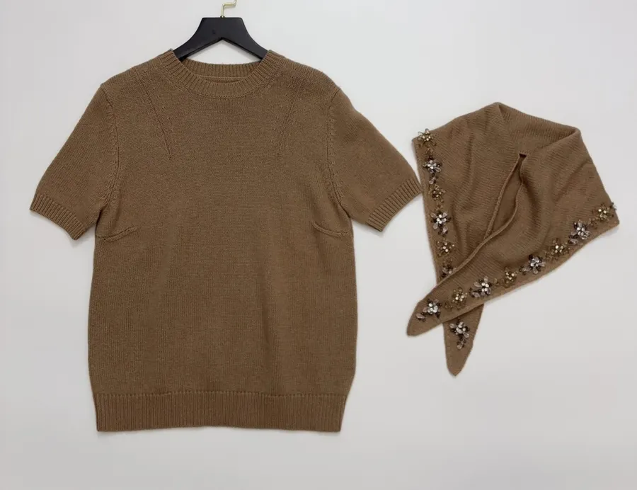 Brown Beaded Detachable-Shawl Short-Sleeve Knit Top in Brown, product view 08