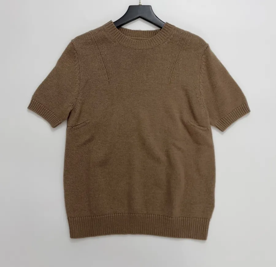 Brown Beaded Detachable-Shawl Short-Sleeve Knit Top in Brown, product view 09
