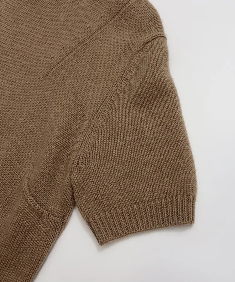 Brown Beaded Detachable-Shawl Short-Sleeve Knit Top in Brown, product view 12