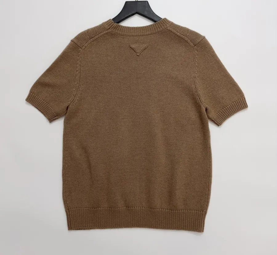 Brown Beaded Detachable-Shawl Short-Sleeve Knit Top in Brown, product view 19