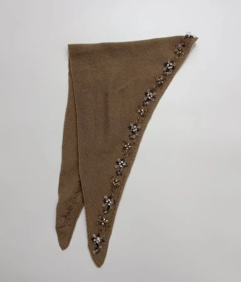 Brown Beaded Detachable-Shawl Short-Sleeve Knit Top in Brown, product view 20