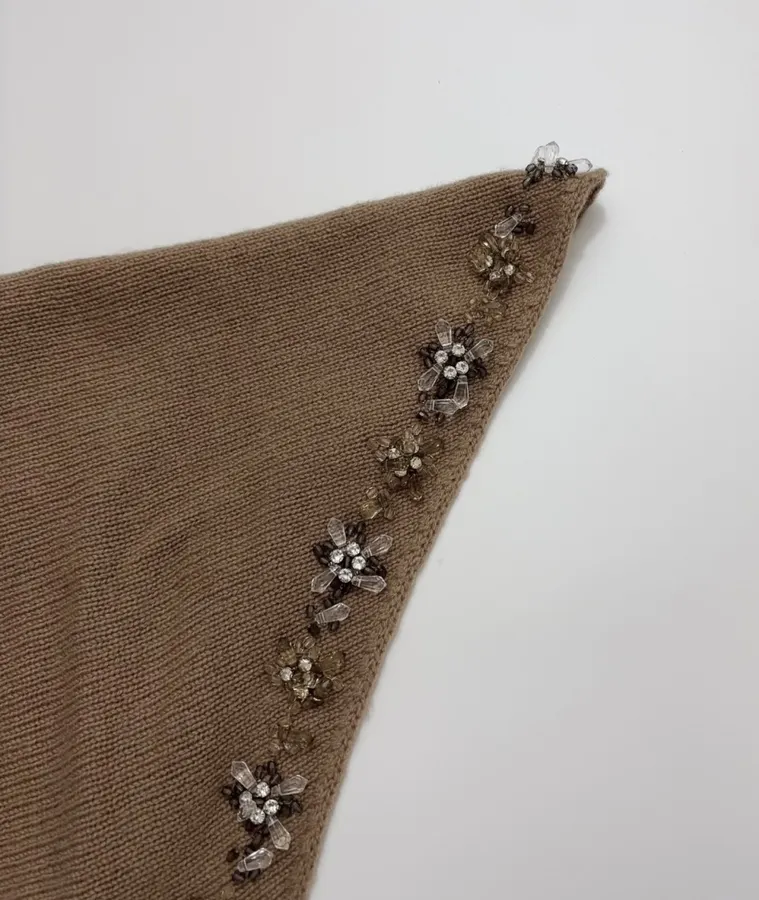 Brown Beaded Detachable-Shawl Short-Sleeve Knit Top in Brown, product view 21