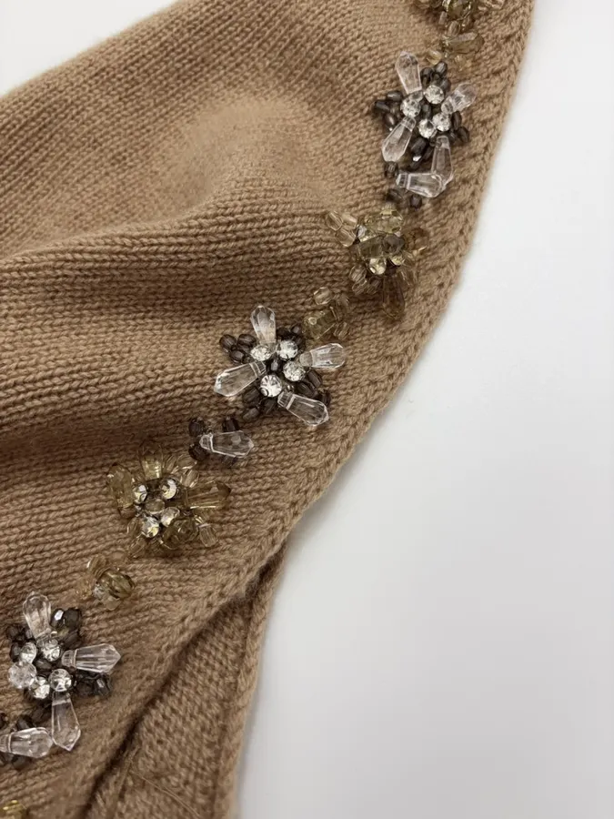 Brown Beaded Detachable-Shawl Short-Sleeve Knit Top in Brown, product view 23