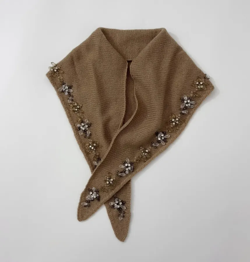 Brown Beaded Detachable-Shawl Short-Sleeve Knit Top in Brown, product view 24