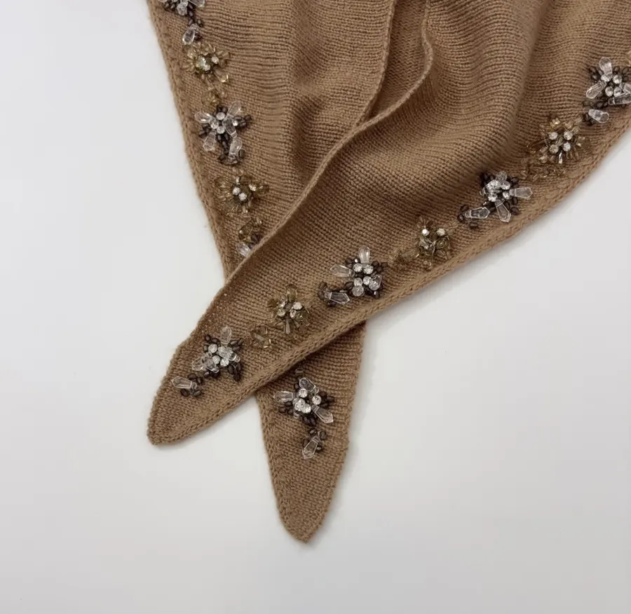 Brown Beaded Detachable-Shawl Short-Sleeve Knit Top in Brown, product view 25