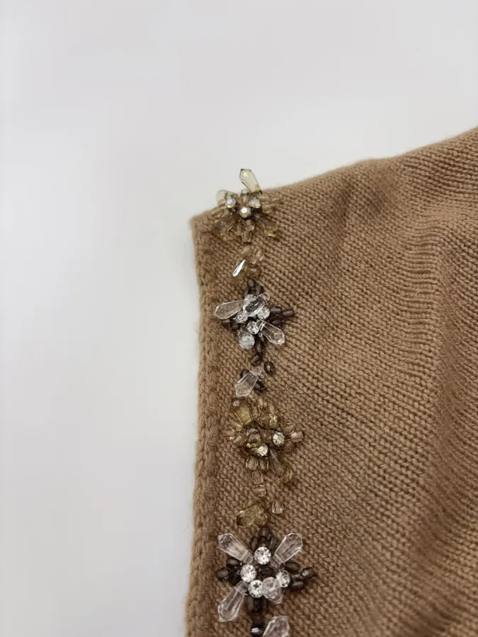 Brown Beaded Detachable-Shawl Short-Sleeve Knit Top in Brown, product view 26