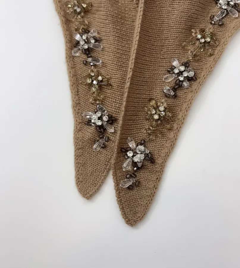 Brown Beaded Detachable-Shawl Short-Sleeve Knit Top in Brown, product view 27