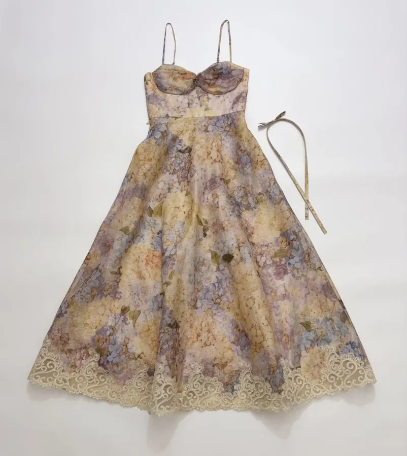 Strapless Dress with Strapless Bodice, Lace Paneling, and Cinched Waist in Multicolor, product view 01