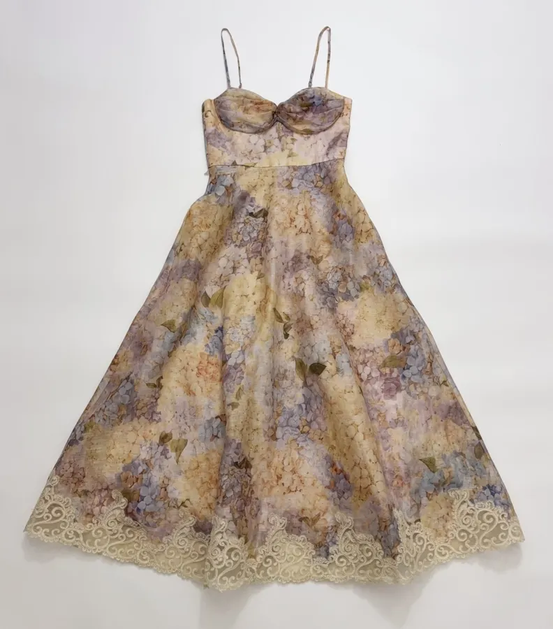 Strapless Dress with Strapless Bodice, Lace Paneling, and Cinched Waist in Multicolor, product view 02